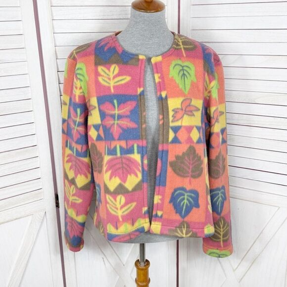 Handmade Leaf Print Fleece Blanket Crop Jacket Multicolor Medium - Picture 1 of 12